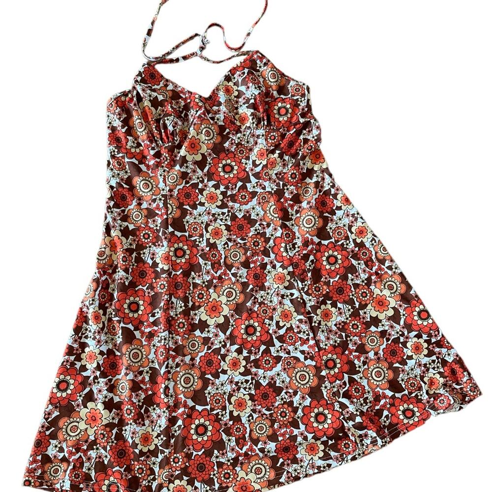 Short Dress Sleeveless Self Tie Backless Open Back Floral Large - Picture 1 of 6